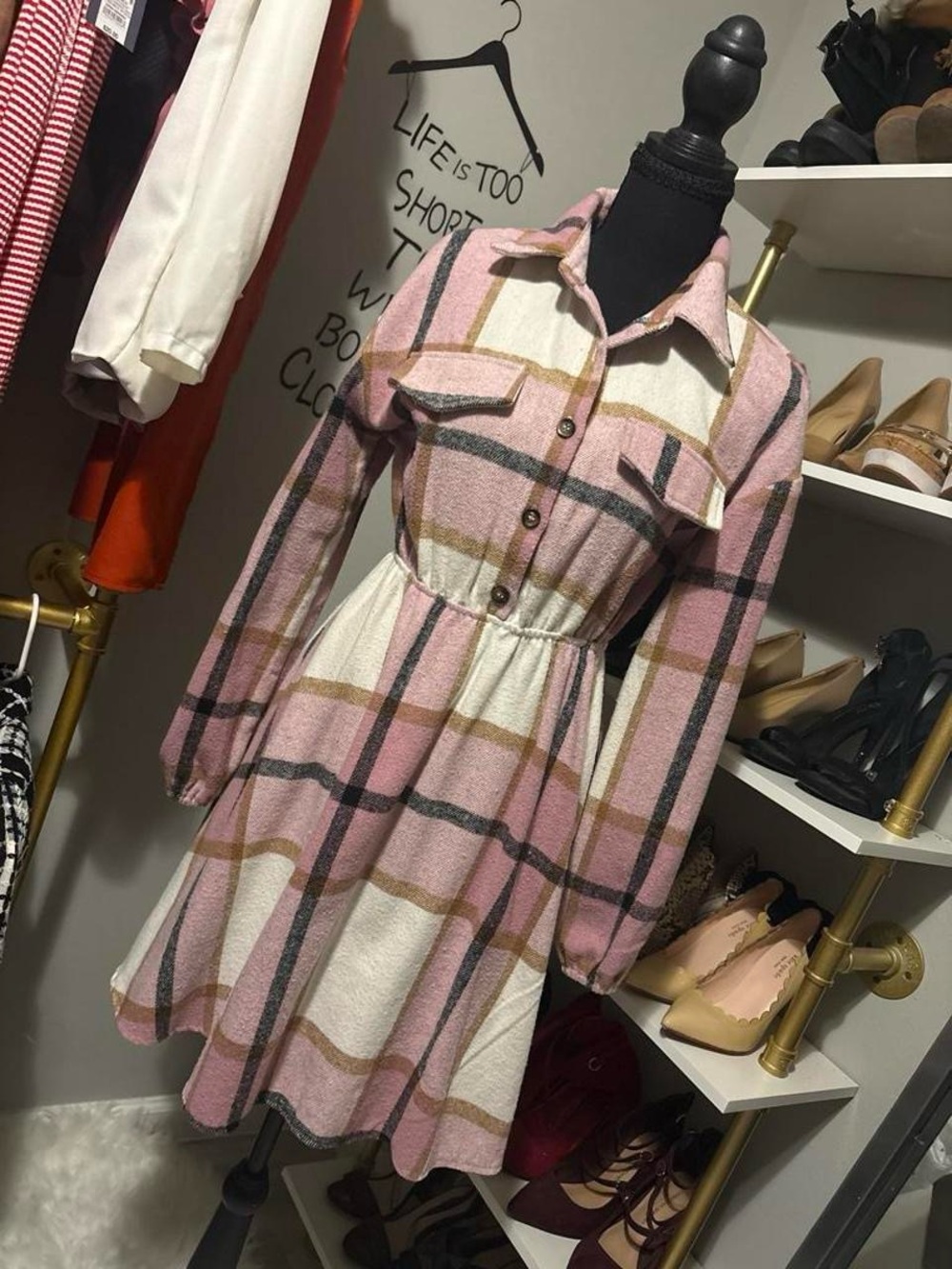 SHEIN Pink and Cream Plaid Long Sleeve Button-Front Shirt Dress